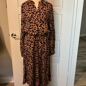 NWY Gaovot mandarin collar button front animal print blousey tie waist dress 1